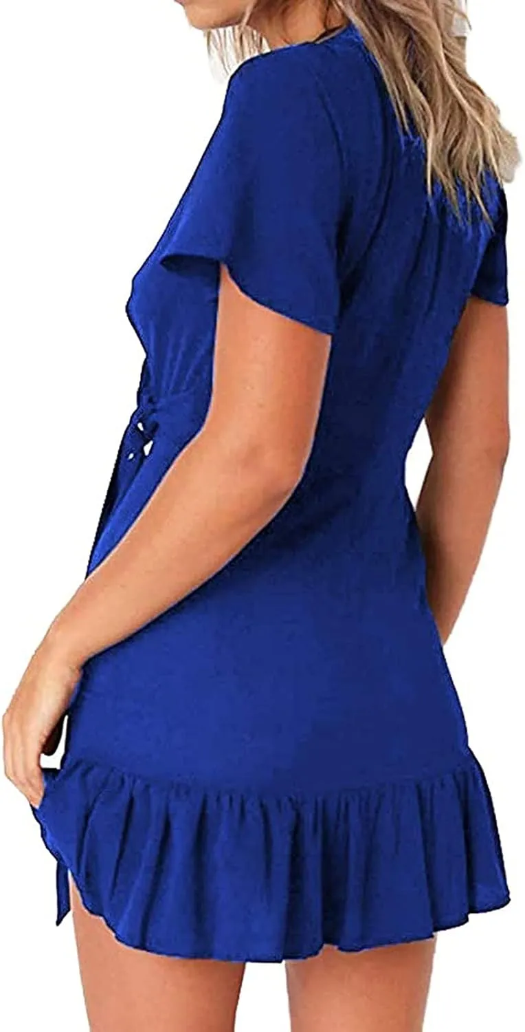 Franterd Womens Wrap Dresses V Neck Elegant Ruffles Mini Sexy Dress Short Sleeve Summer Beach Dresses with Belt