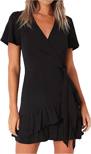 Franterd Womens Wrap Dresses V Neck Elegant Ruffles Mini Sexy Dress Short Sleeve Summer Beach Dresses with Belt