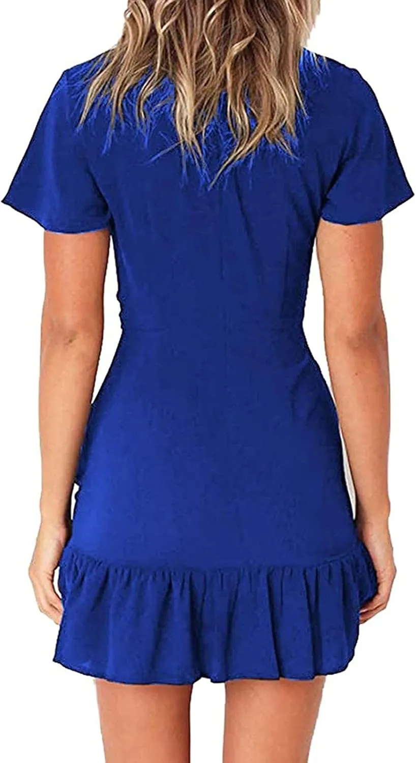 Franterd Womens Wrap Dresses V Neck Elegant Ruffles Mini Sexy Dress Short Sleeve Summer Beach Dresses with Belt