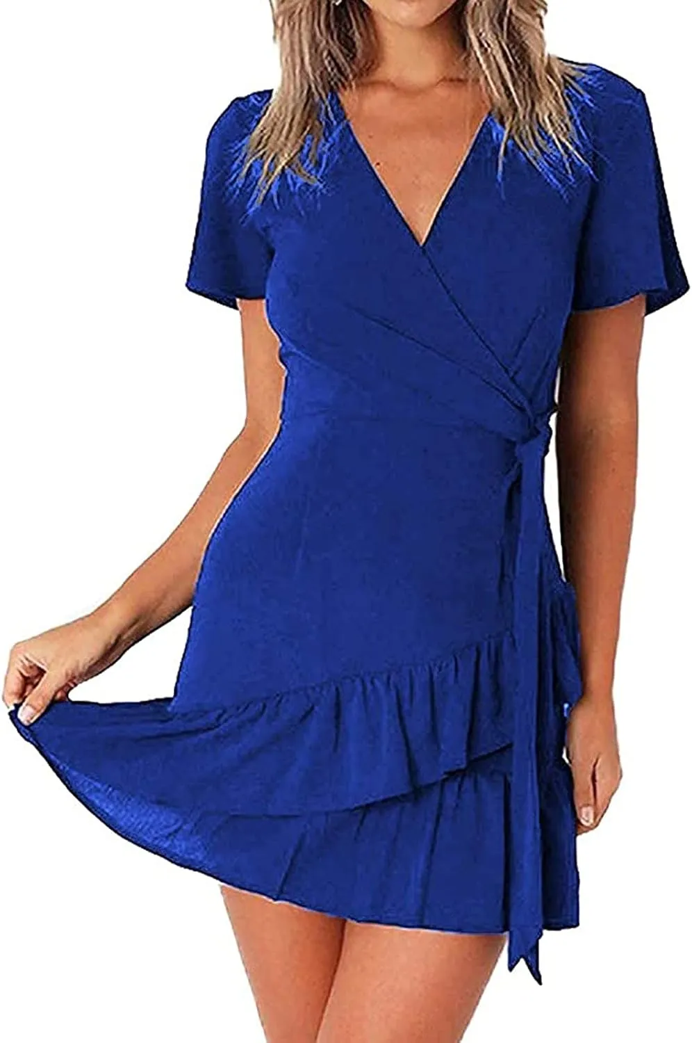 Franterd Womens Wrap Dresses V Neck Elegant Ruffles Mini Sexy Dress Short Sleeve Summer Beach Dresses with Belt