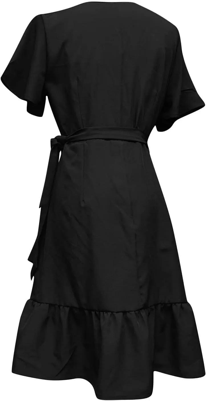 Franterd Womens Wrap Dresses V Neck Elegant Ruffles Mini Sexy Dress Short Sleeve Summer Beach Dresses with Belt