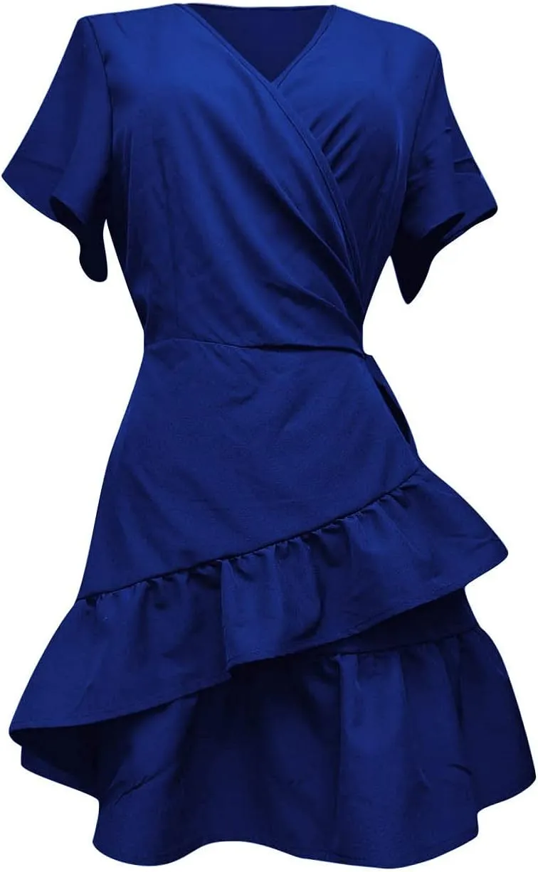Franterd Womens Wrap Dresses V Neck Elegant Ruffles Mini Sexy Dress Short Sleeve Summer Beach Dresses with Belt