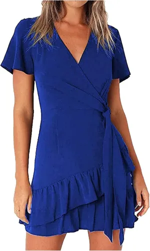 Franterd Womens Wrap Dresses V Neck Elegant Ruffles Mini Sexy Dress Short Sleeve Summer Beach Dresses with Belt