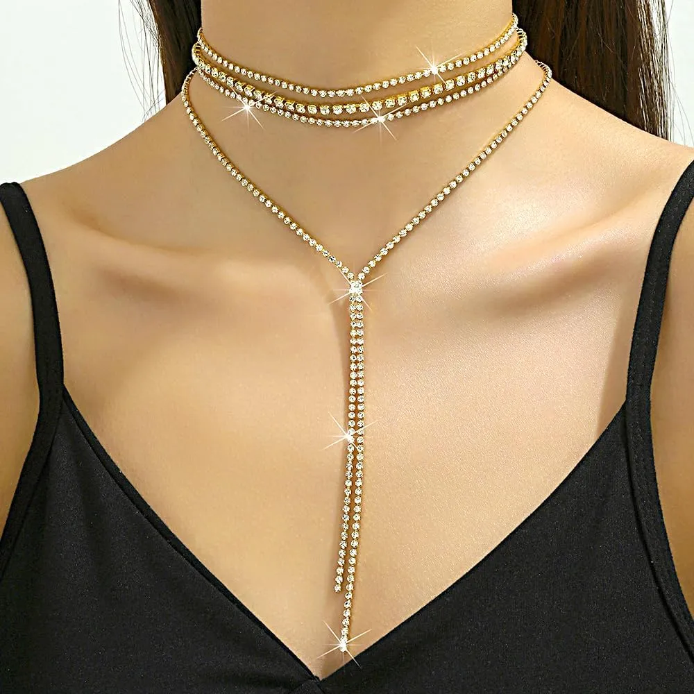 FUTIMELY Boho Layered Rhinestone Necklaces for Women Long Pendant Y-Necklaces Crystal Choker Chain Statement Necklaces Wedding Bridal Jewerly