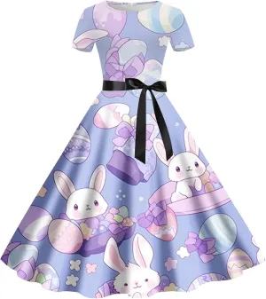 FZVYD Easter Dresses for Women Cute Bunny Colorful Egg Print A-Line Short Sleeve Casual Midi Dress Crewneck Plus Size Dress