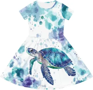 Girls Dresses Size 2-14 Kids Summer Short Sleeve Beach Dresses Casual Midi Dress Crewneck A Line