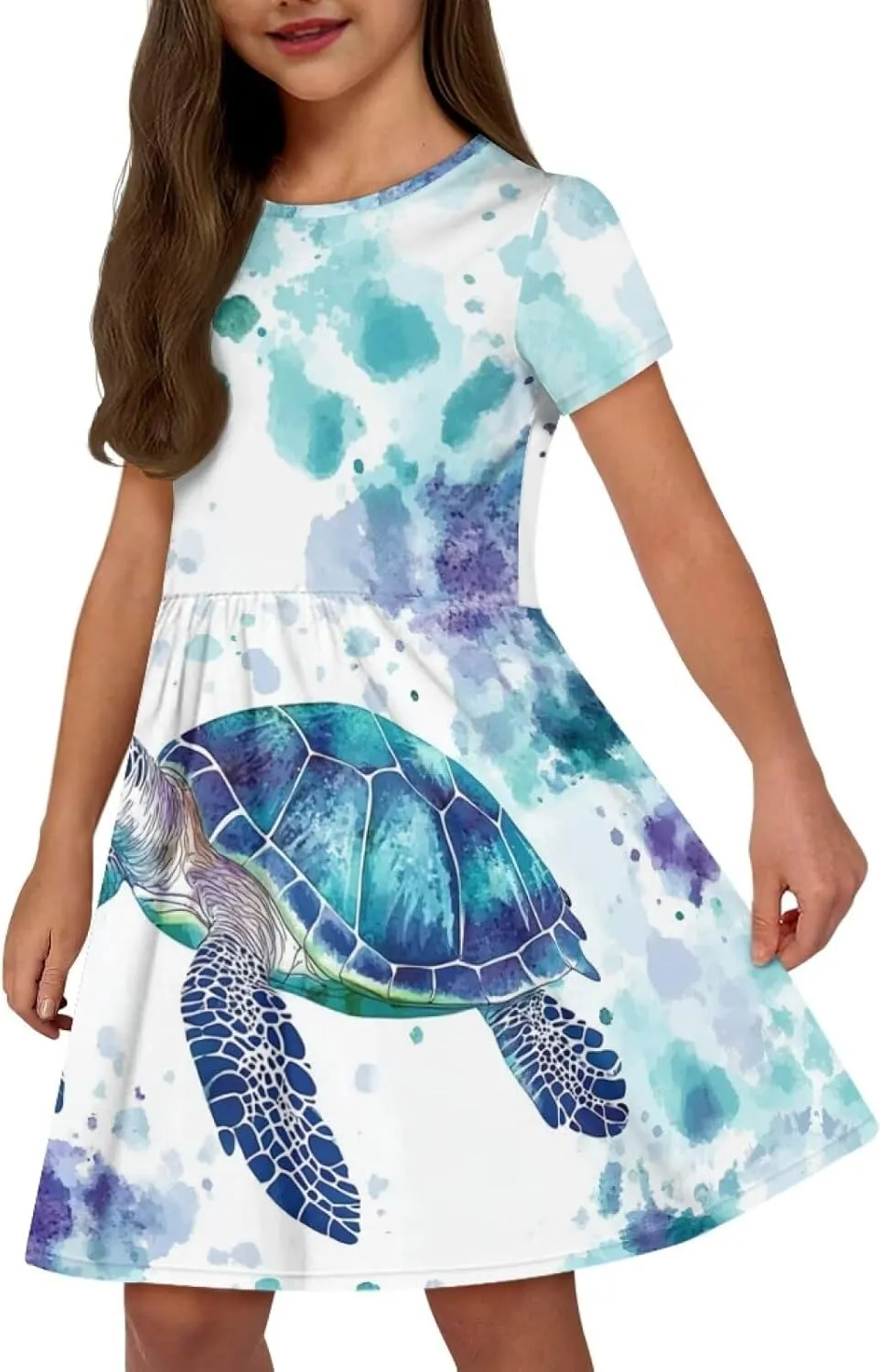 Girls Dresses Size 2-14 Kids Summer Short Sleeve Beach Dresses Casual Midi Dress Crewneck A Line