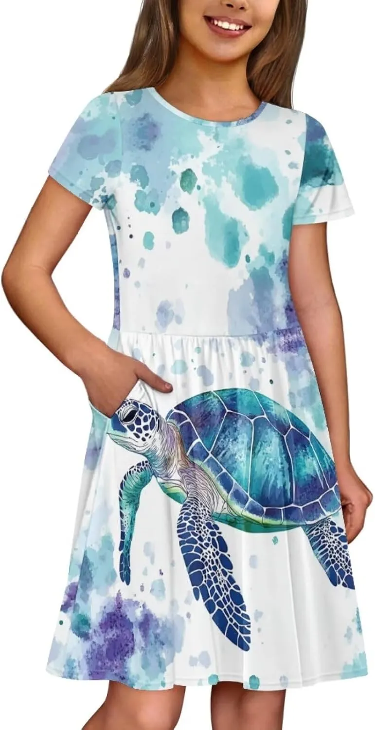 Girls Dresses Size 2-14 Kids Summer Short Sleeve Beach Dresses Casual Midi Dress Crewneck A Line