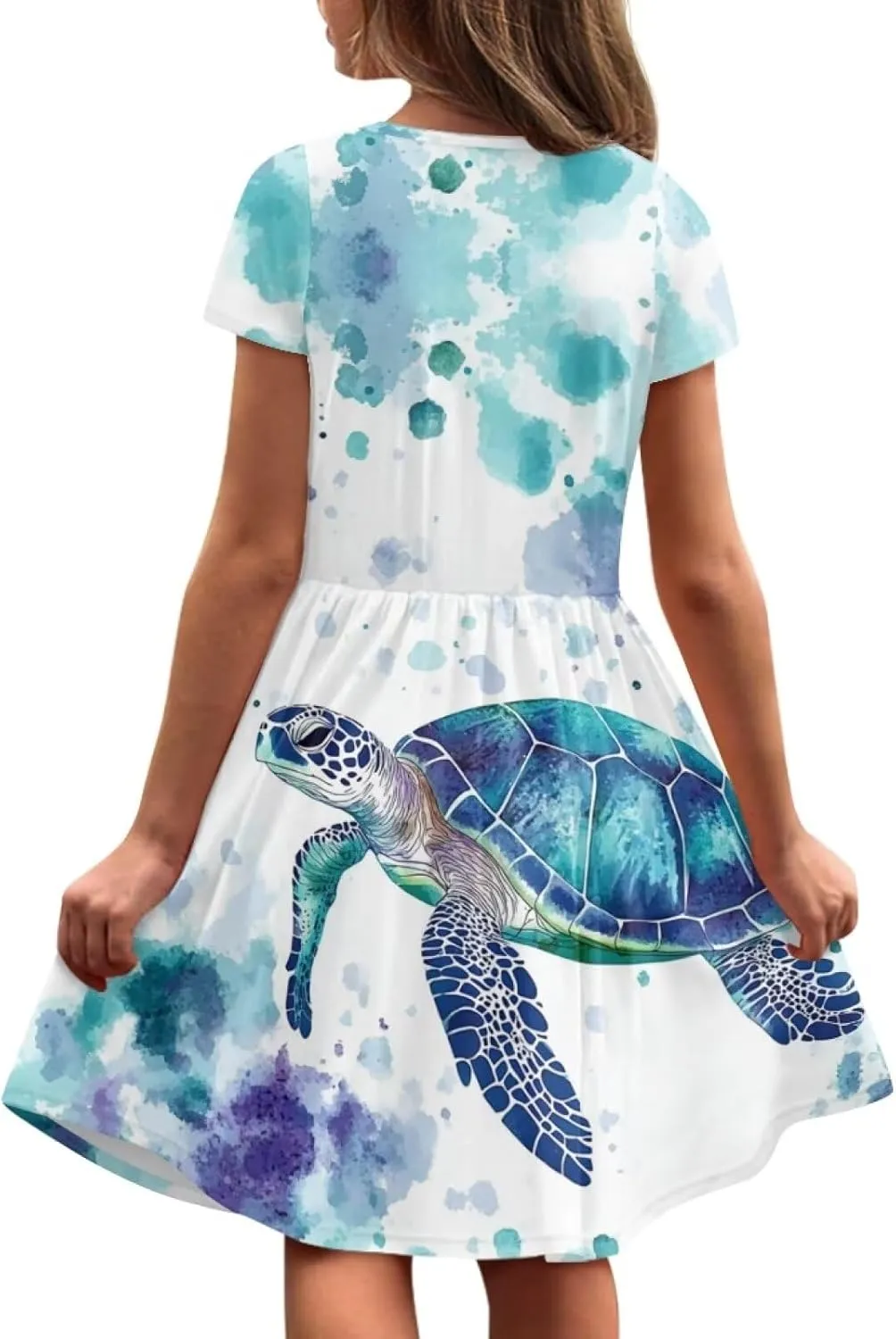 Girls Dresses Size 2-14 Kids Summer Short Sleeve Beach Dresses Casual Midi Dress Crewneck A Line