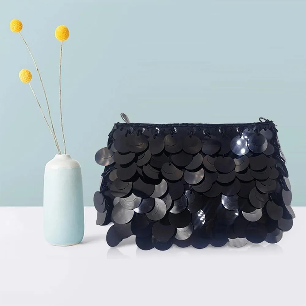 Glitter Bling Purses for Women Fish Scale Shoulder Purse Clutch Handbag with Crossbody Chain for Wedding Party Daily Black