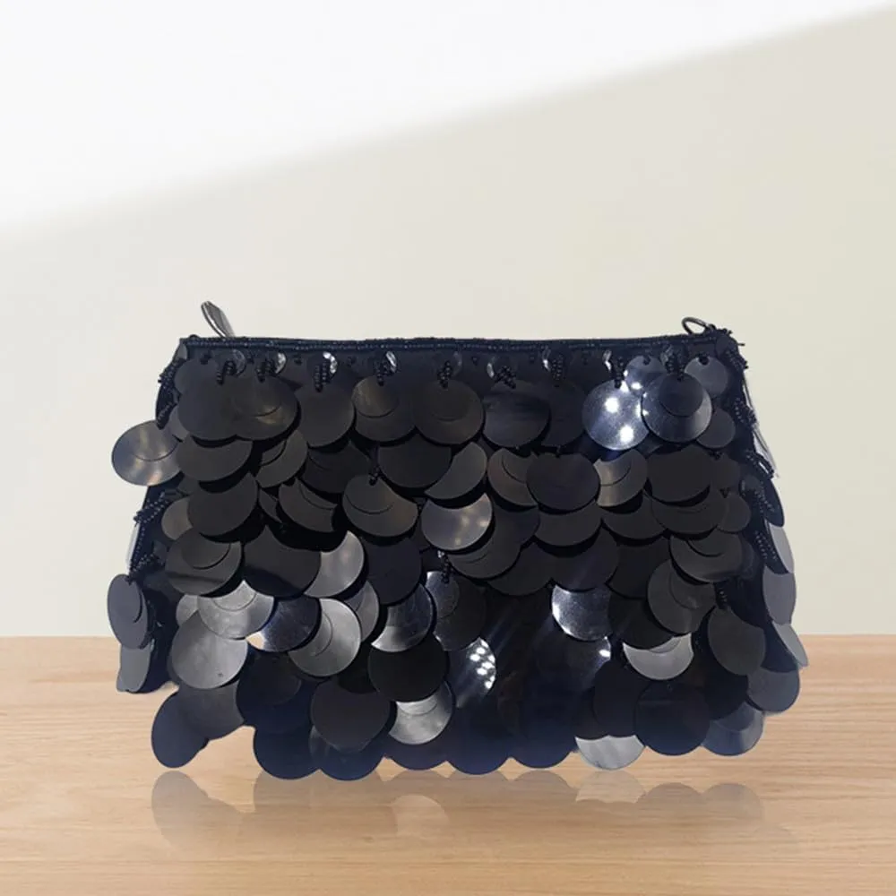 Glitter Bling Purses for Women Fish Scale Shoulder Purse Clutch Handbag with Crossbody Chain for Wedding Party Daily Black