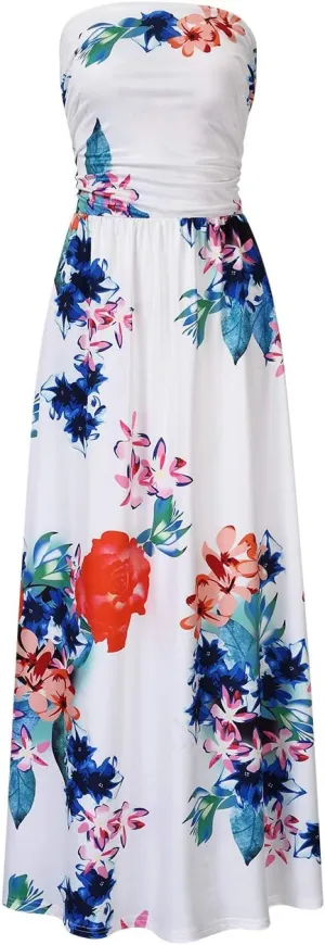 GloryStar Women Strapless Maxi Boho Vintage Summer Beach Floral Print Hawaiian Party Long Dress S Flower2