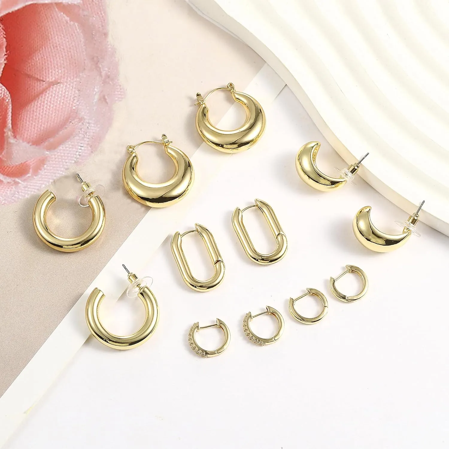 Gold Hoop Earrings for Women, 6 Pairs Hypoallergenic Lightweight Chunky Twisted Hoop Earrings - Trendy Jewelry Gifts