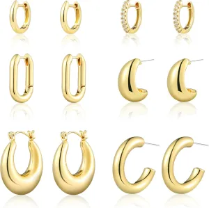 Gold Hoop Earrings for Women, 6 Pairs Hypoallergenic Lightweight Chunky Twisted Hoop Earrings - Trendy Jewelry Gifts