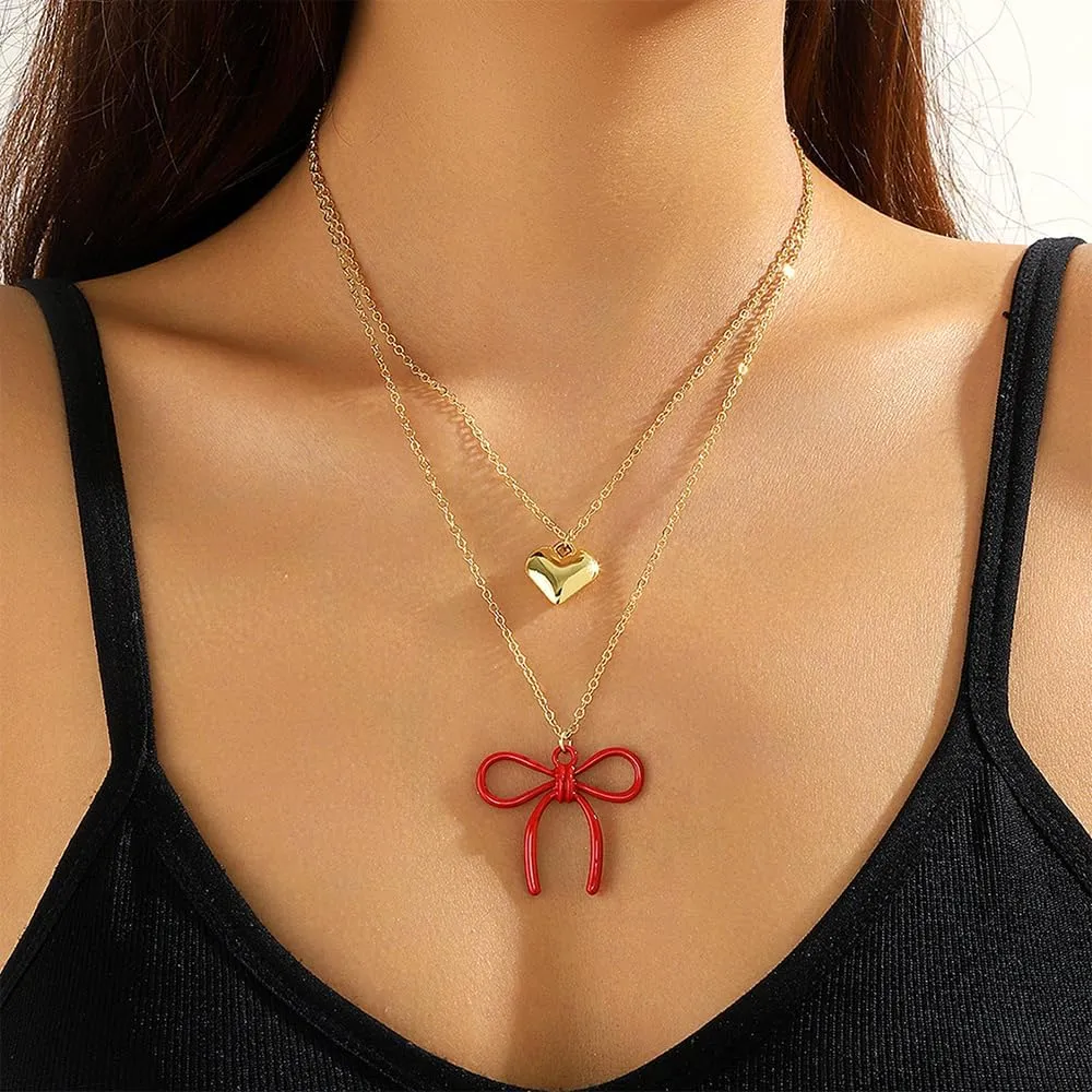 Gold Layered Bow Heart Pendant Necklaces for Women Stackable Bowknot Love Choker Necklaces Adjustable Ribbon Bow Necklaces Christmas Jewelry Gift