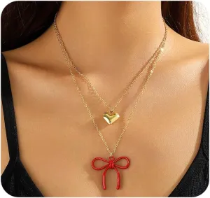 Gold Layered Bow Heart Pendant Necklaces for Women Stackable Bowknot Love Choker Necklaces Adjustable Ribbon Bow Necklaces Christmas Jewelry Gift