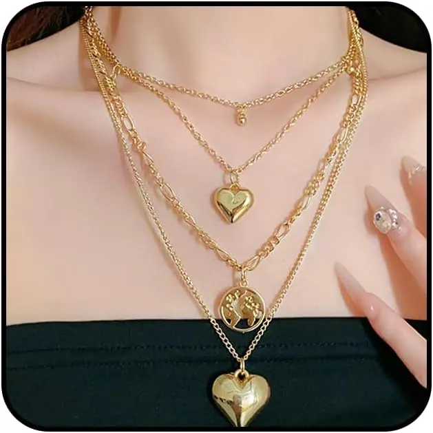 Gold Layered Heart Pendant Necklaces for Women Stackable Love Map Choker Necklaces Adjustable Heart Chain Necklaces Wedding Jewelry Accessories
