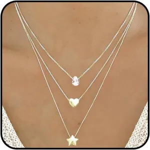 Gold Layered Heart Star Necklaces Set for Women Stackable Love Pentagram Choker Necklaces Simple CZ Waterdrop Pendant Necklaces Jewelry Accessories