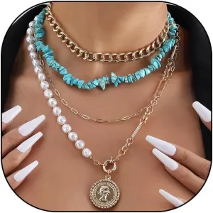 Gold Layered Necklaces for Women Stackable Boho Pearl Turquoise Choker Necklaces Vintage Coin Pendant Necklaces Country Concert Outfits Jewelry Gifts