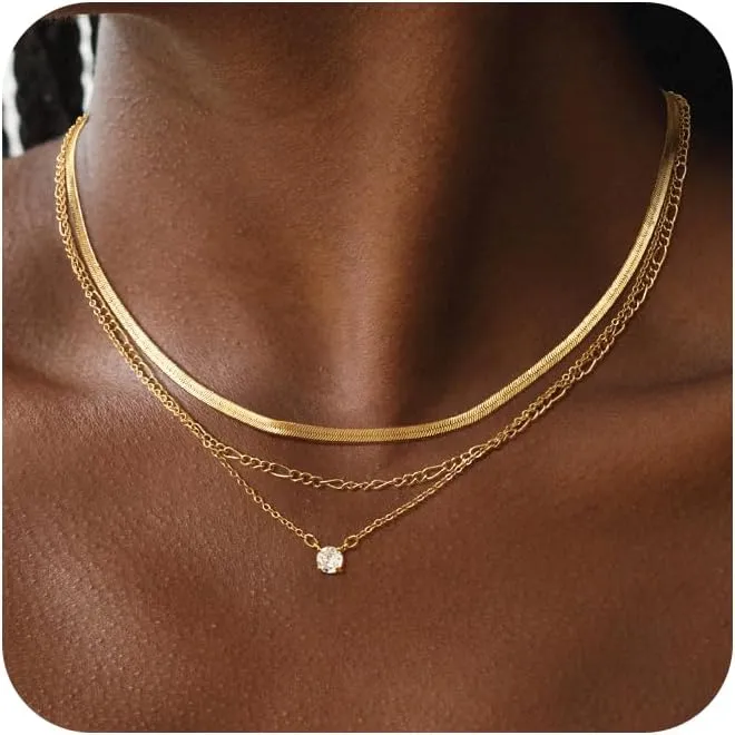 Gold Necklace for Women Layered Necklaces Dainty Pendant Choker Chain Necklace Stack 14K Gold Herringbone Necklaces for Women Trendy Gold Jewelry