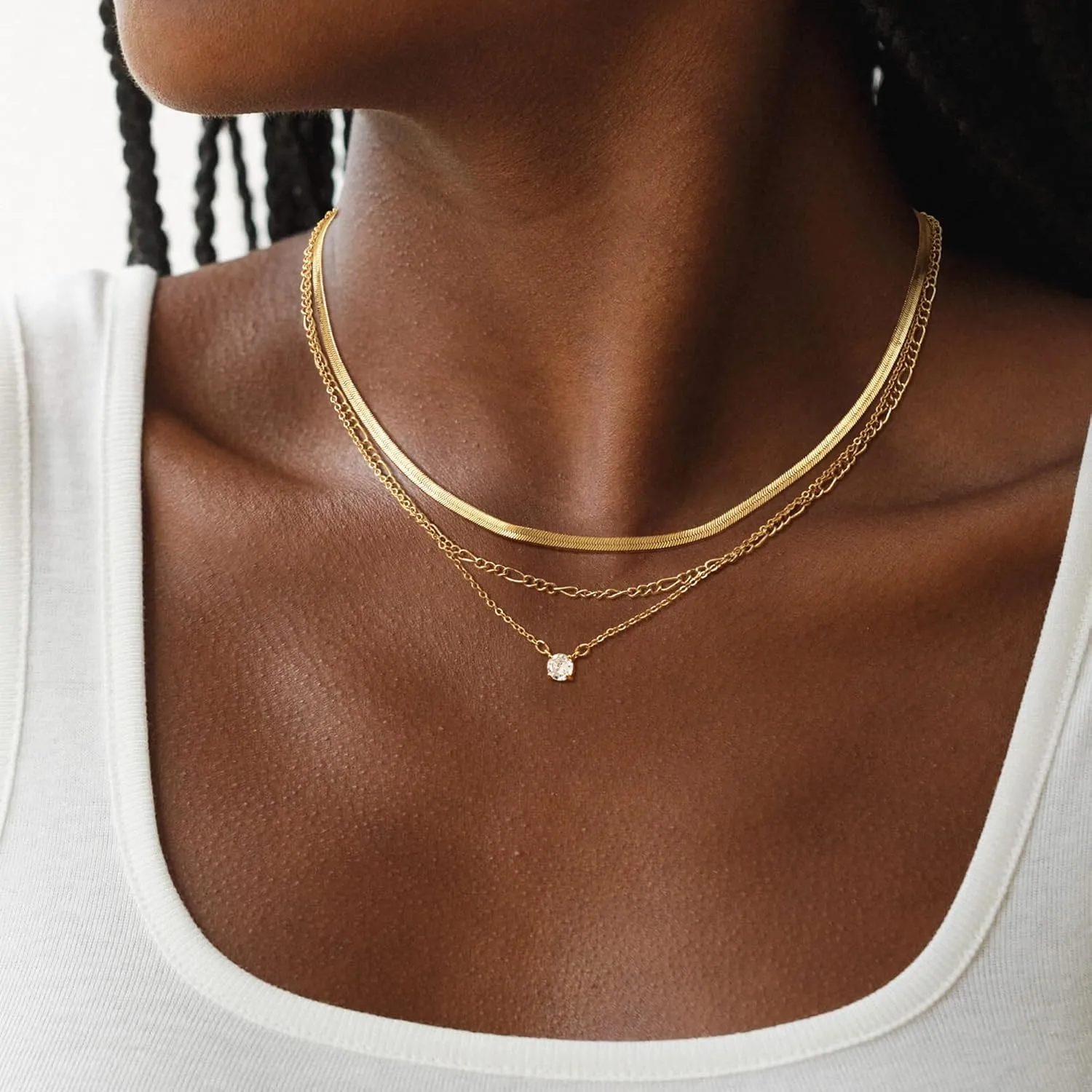 Gold Necklace for Women Layered Necklaces Dainty Pendant Choker Chain Necklace Stack 14K Gold Herringbone Necklaces for Women Trendy Gold Jewelry