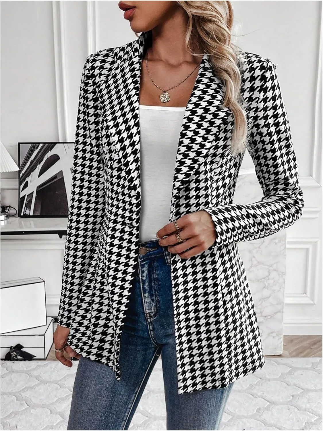 GORGLITTER Women's Houndstooth Long Sleeve Button Blazer Jackets Trendy Open Front Casual Business Work Office Blazers