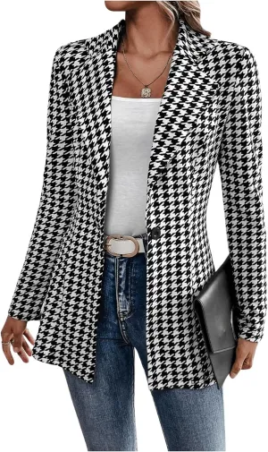 GORGLITTER Women's Houndstooth Long Sleeve Button Blazer Jackets Trendy Open Front Casual Business Work Office Blazers