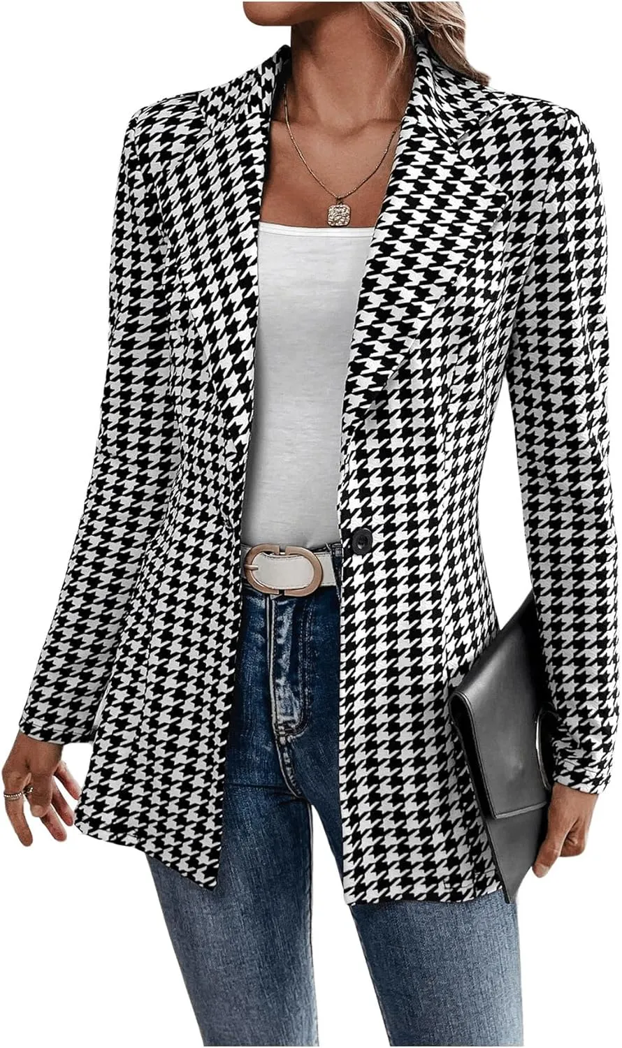 GORGLITTER Women's Houndstooth Long Sleeve Button Blazer Jackets Trendy Open Front Casual Business Work Office Blazers