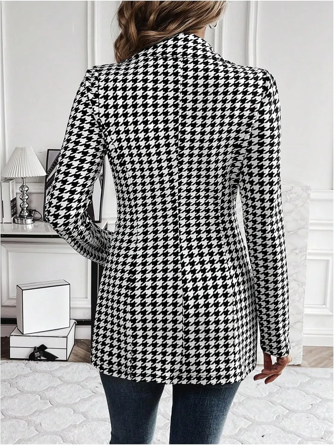 GORGLITTER Women's Houndstooth Long Sleeve Button Blazer Jackets Trendy Open Front Casual Business Work Office Blazers