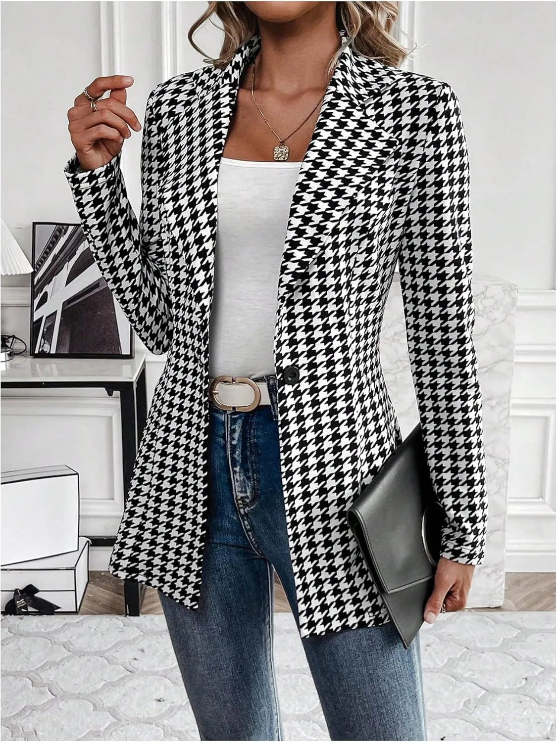 GORGLITTER Women's Houndstooth Long Sleeve Button Blazer Jackets Trendy Open Front Casual Business Work Office Blazers