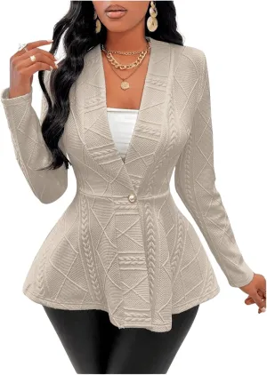 GORGLITTER Women's Peplum Blazer Jackets Business Casual Work Blazers Textured Button Front Long Sleeve Fall Outfits
