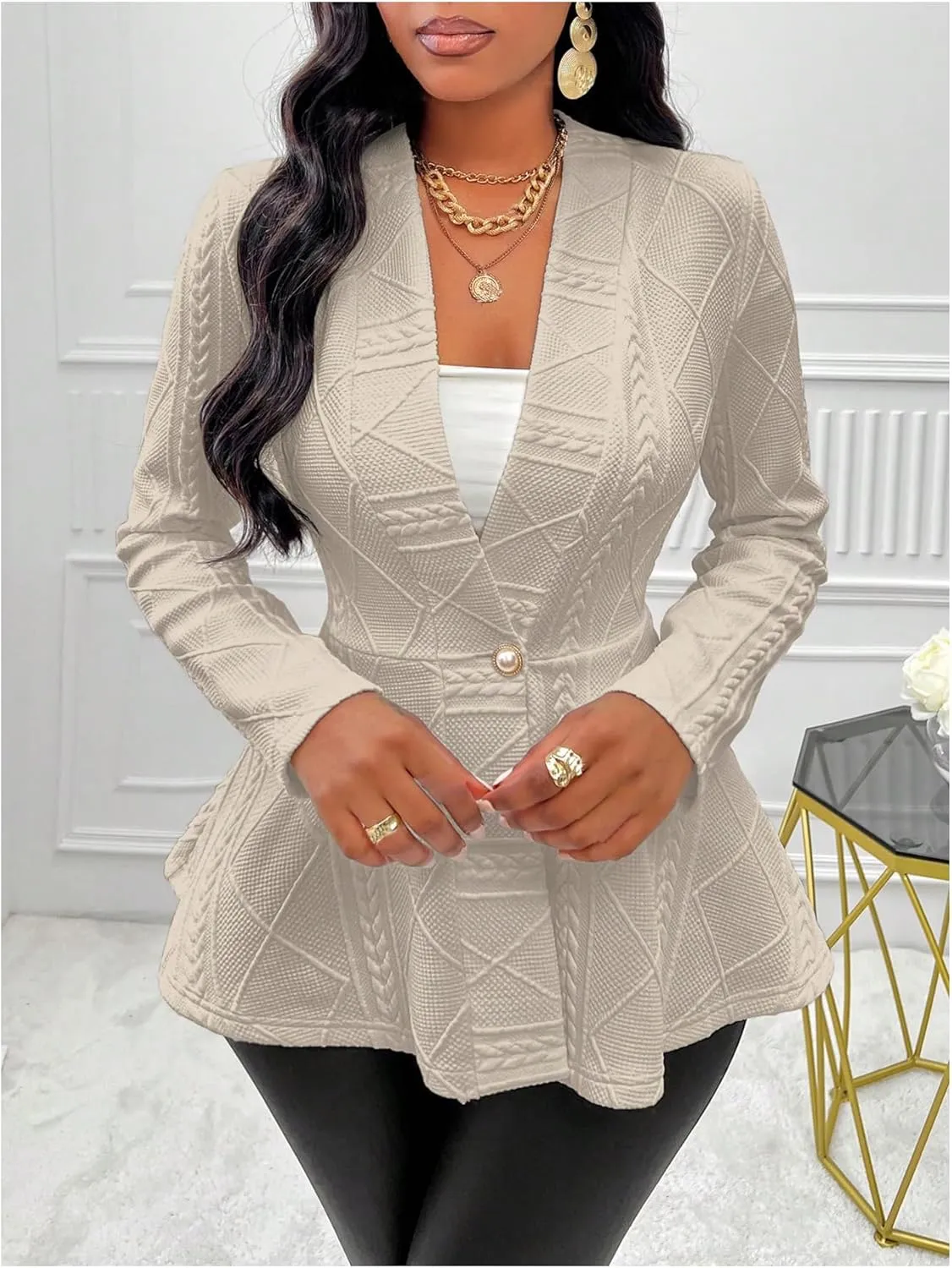 GORGLITTER Women's Peplum Blazer Jackets Business Casual Work Blazers Textured Button Front Long Sleeve Fall Outfits