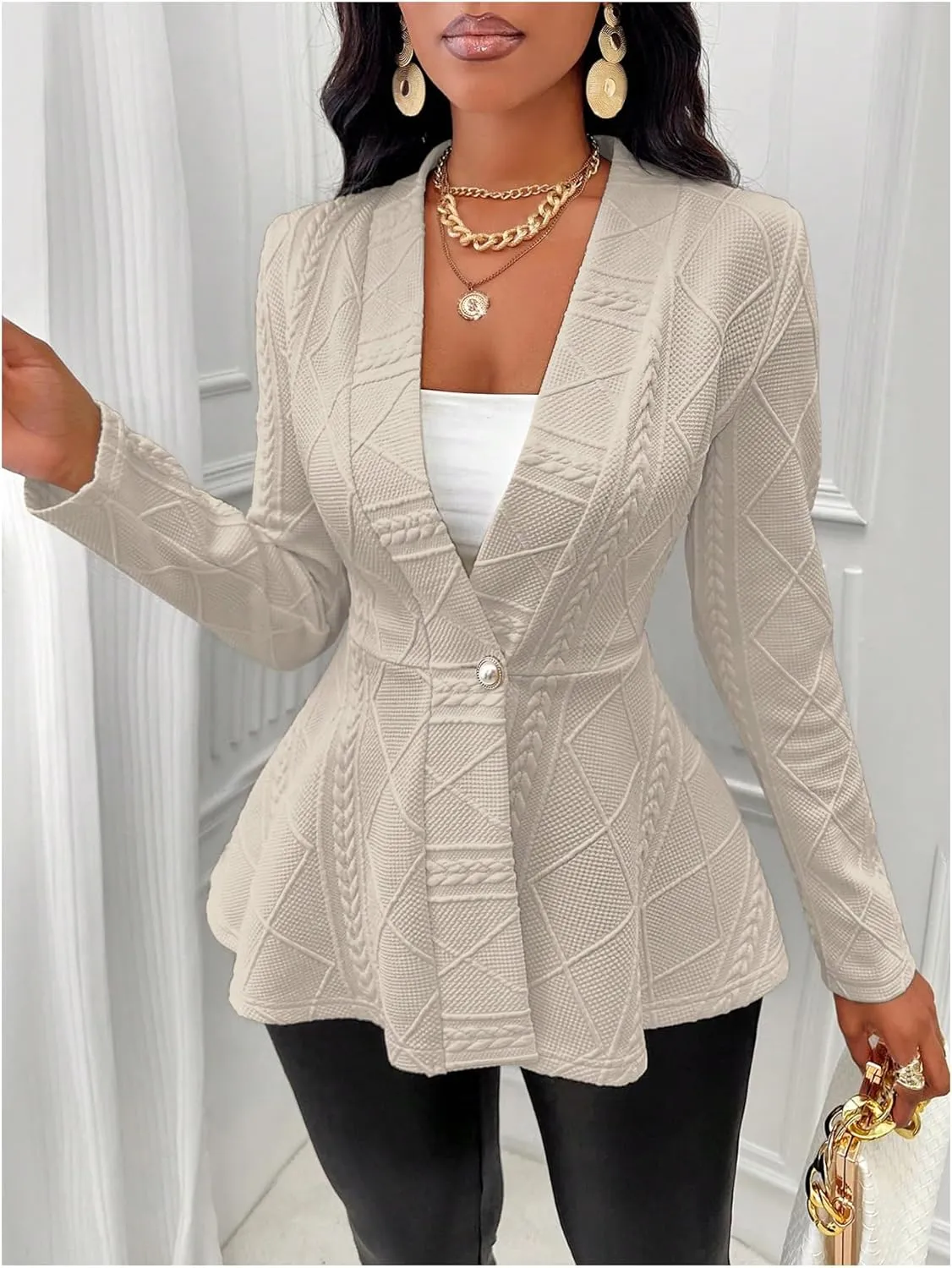 GORGLITTER Women's Peplum Blazer Jackets Business Casual Work Blazers Textured Button Front Long Sleeve Fall Outfits