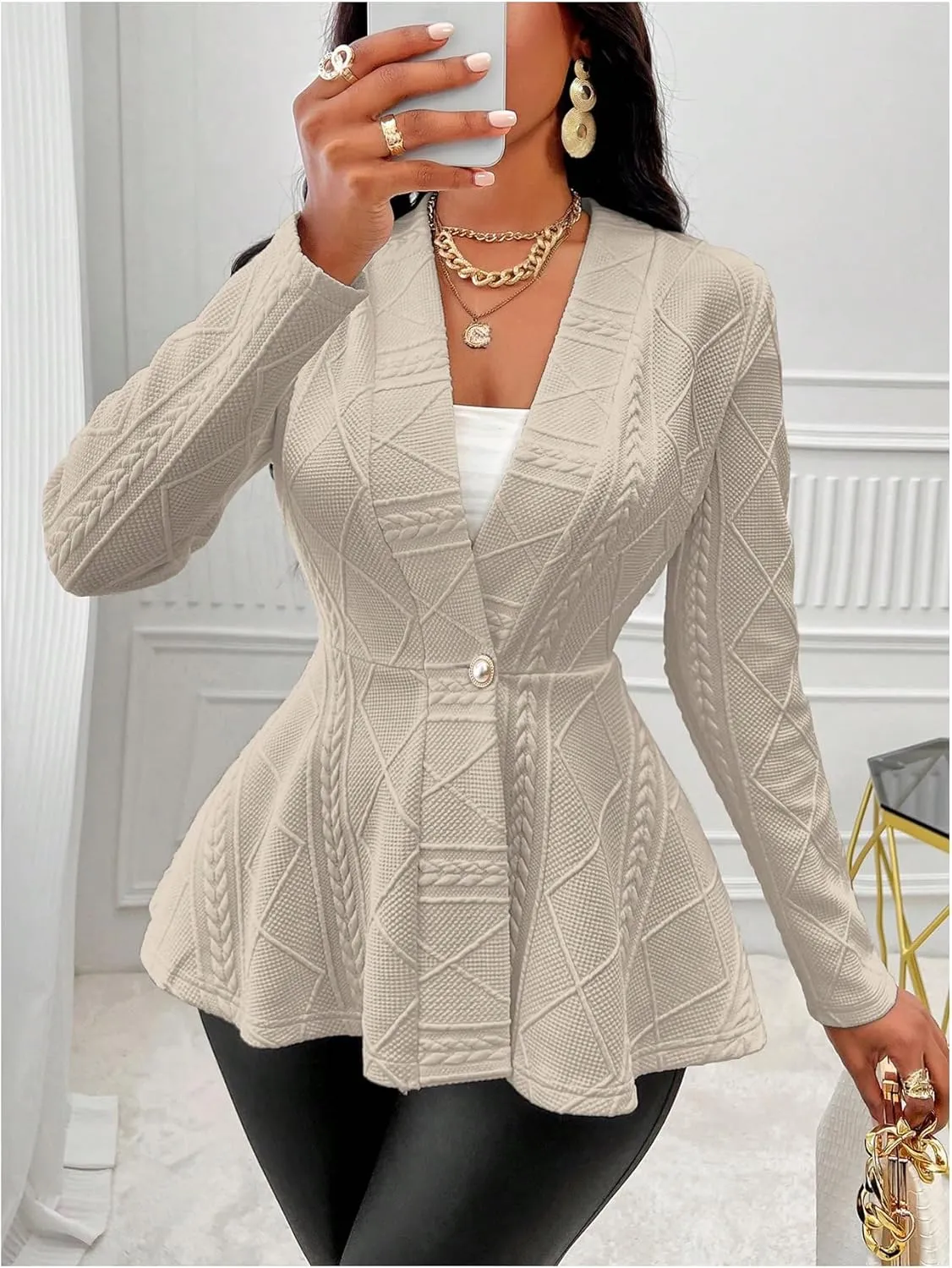 GORGLITTER Women's Peplum Blazer Jackets Business Casual Work Blazers Textured Button Front Long Sleeve Fall Outfits