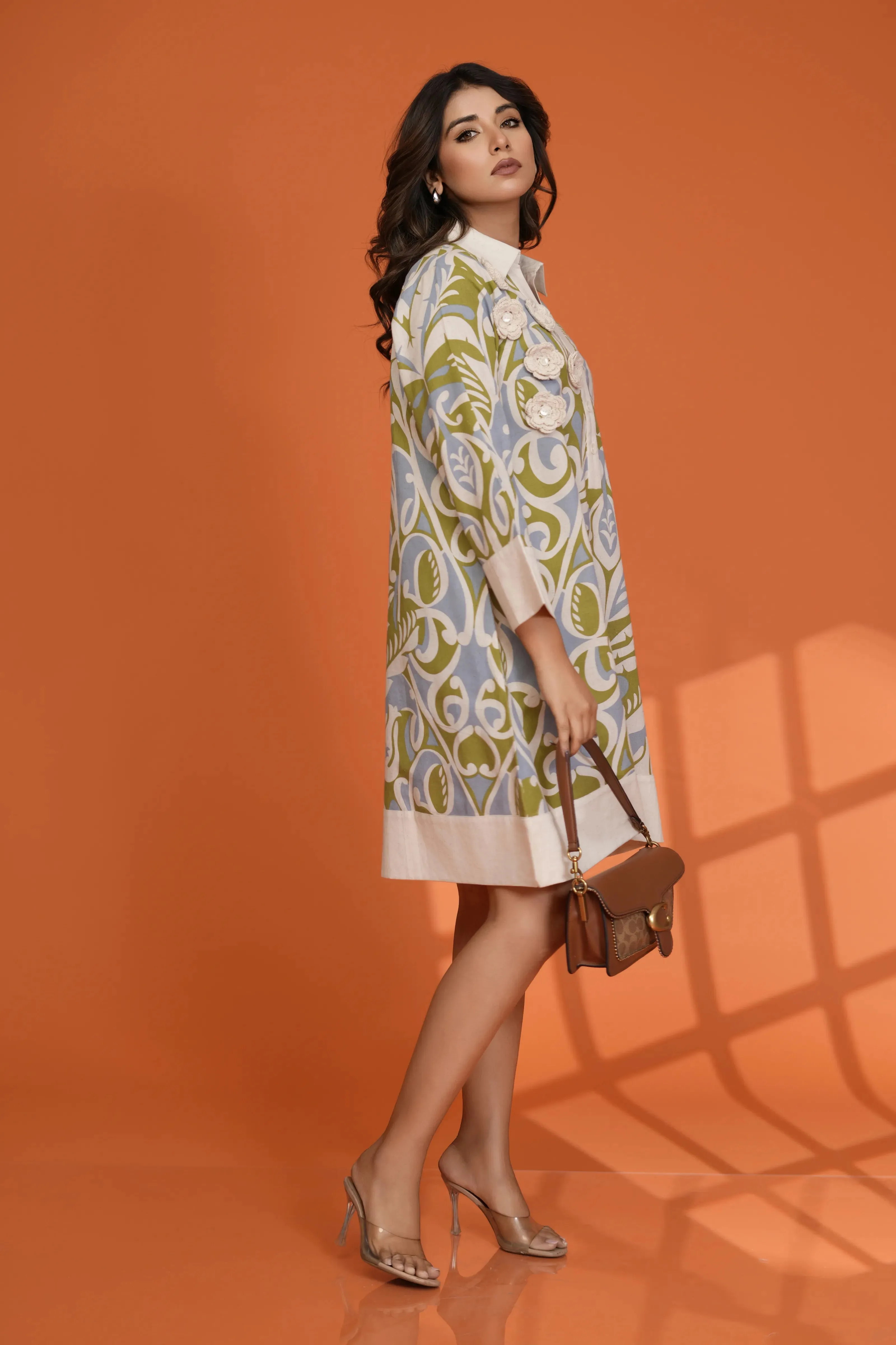Green Beige Abstract Shirt Dress with Shell Button Detail in Cotton Flex