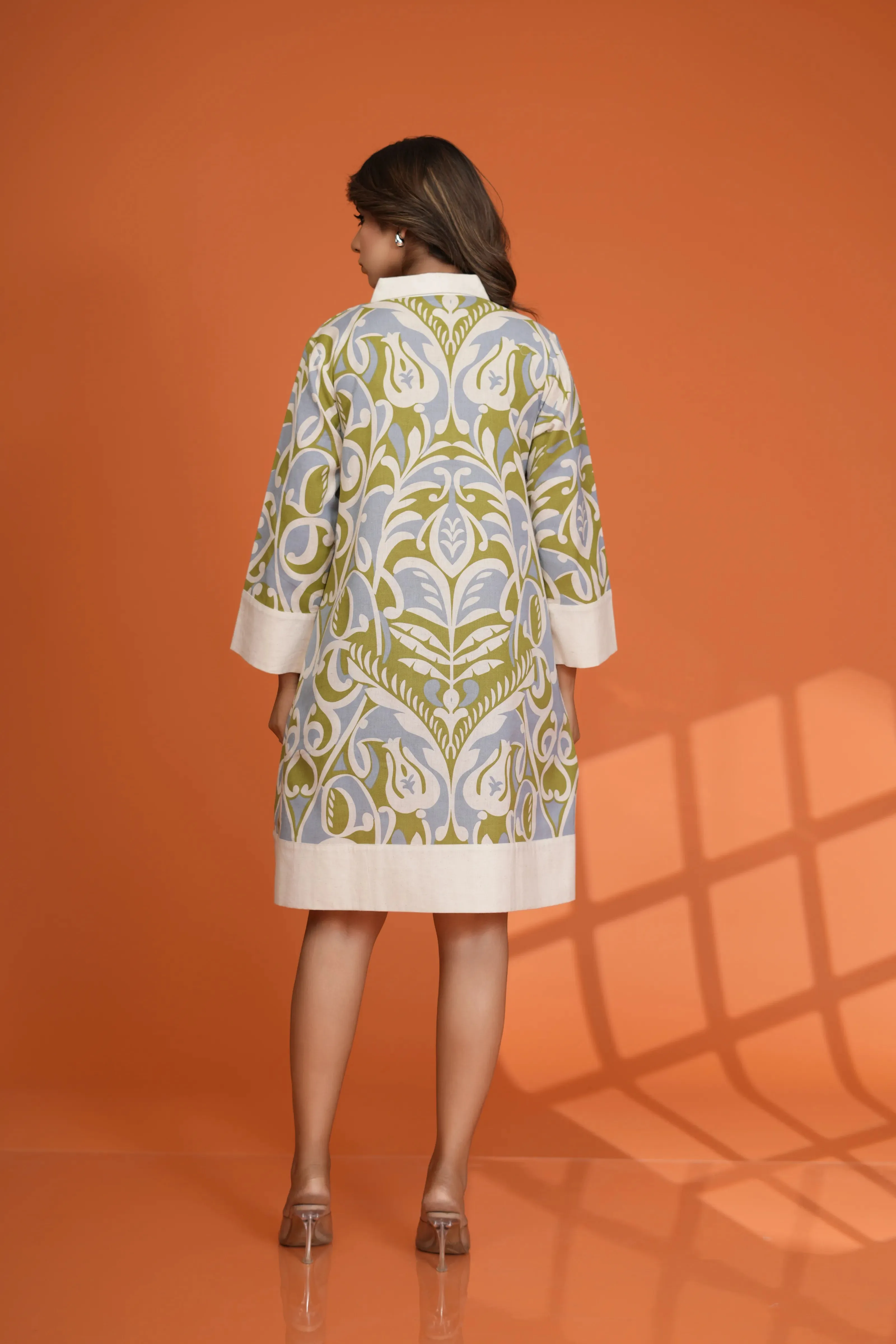 Green Beige Abstract Shirt Dress with Shell Button Detail in Cotton Flex
