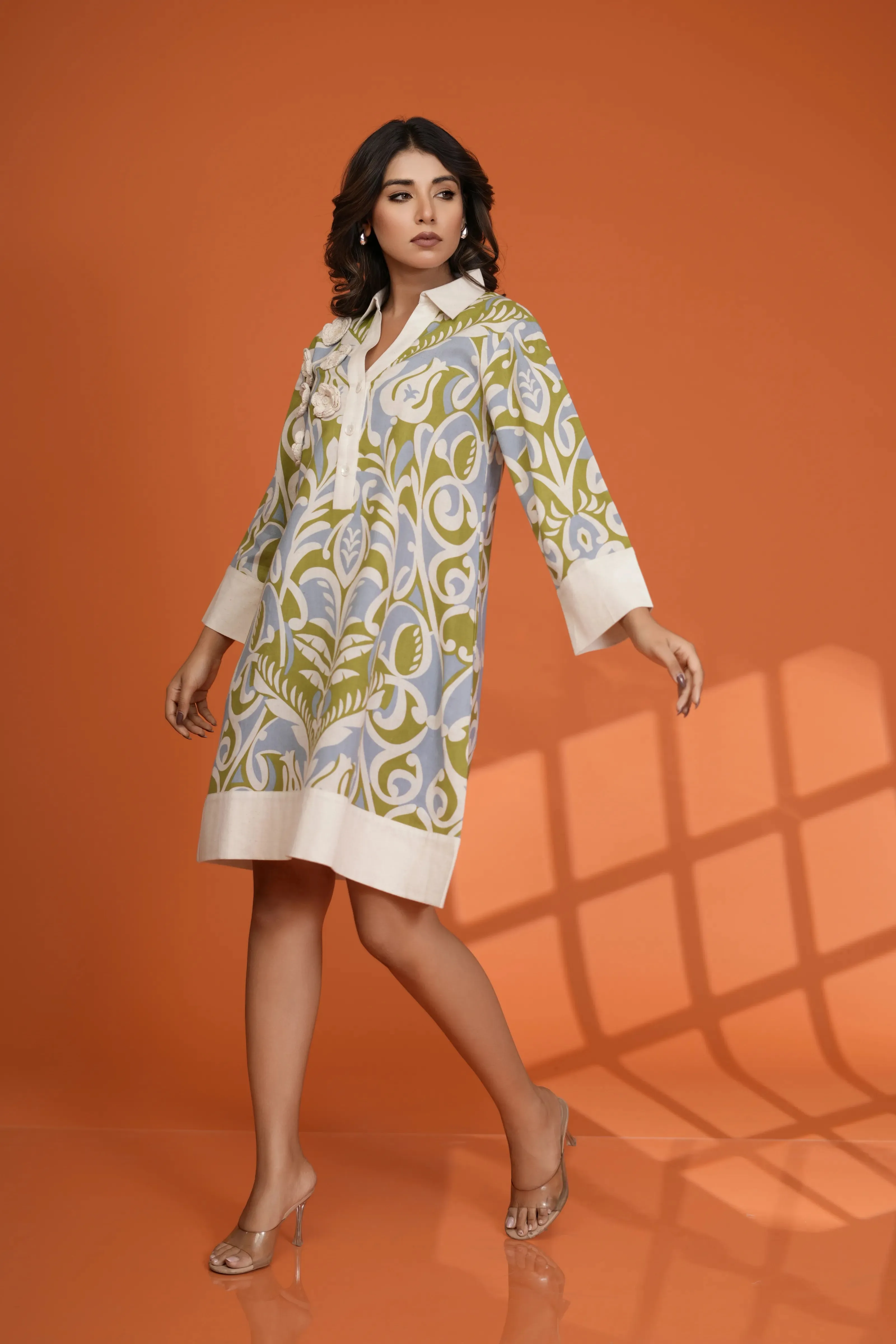 Green Beige Abstract Shirt Dress with Shell Button Detail in Cotton Flex