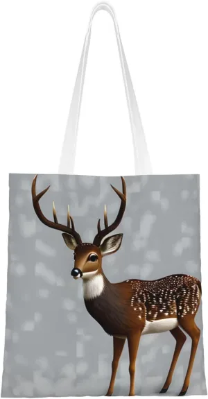 Grey plum deer Pattern Double Sided Canvas Tote Bag, Reusable Grocery Shopping Bag, Carry or Shoulder 15x16.5 in