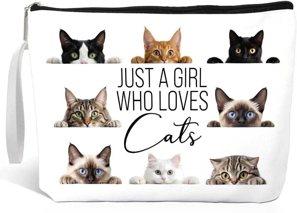 Haizct Just A Girl Who Loves Makeup Bag With Zipper, Cute Travel Toiletry Bag Gifts for Cat Lover Cat Mom Animal Lover Owner, Birthday Friendship Gifts for Women BFF Bestie Friends