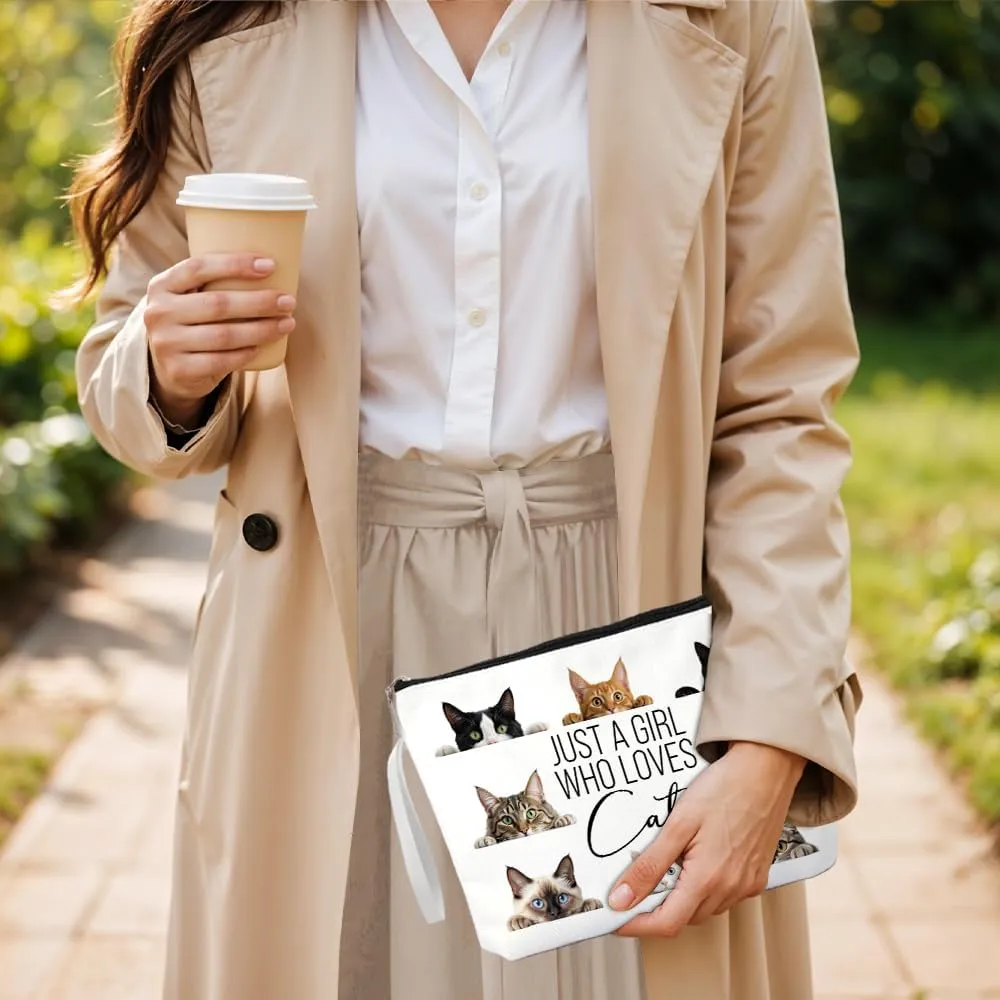 Haizct Just A Girl Who Loves Makeup Bag With Zipper, Cute Travel Toiletry Bag Gifts for Cat Lover Cat Mom Animal Lover Owner, Birthday Friendship Gifts for Women BFF Bestie Friends