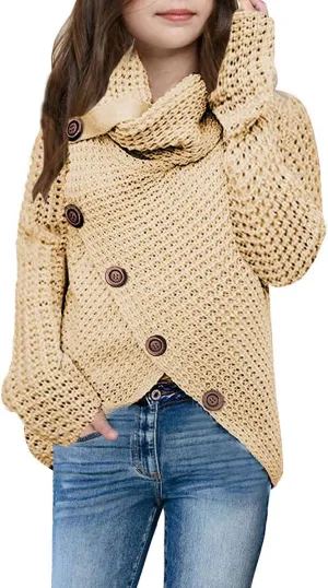 Haloumoning Girls Sweaters Button Turtle Cowl Neck Asymmetric Hem Wrap Pullover Sweaters for Girls