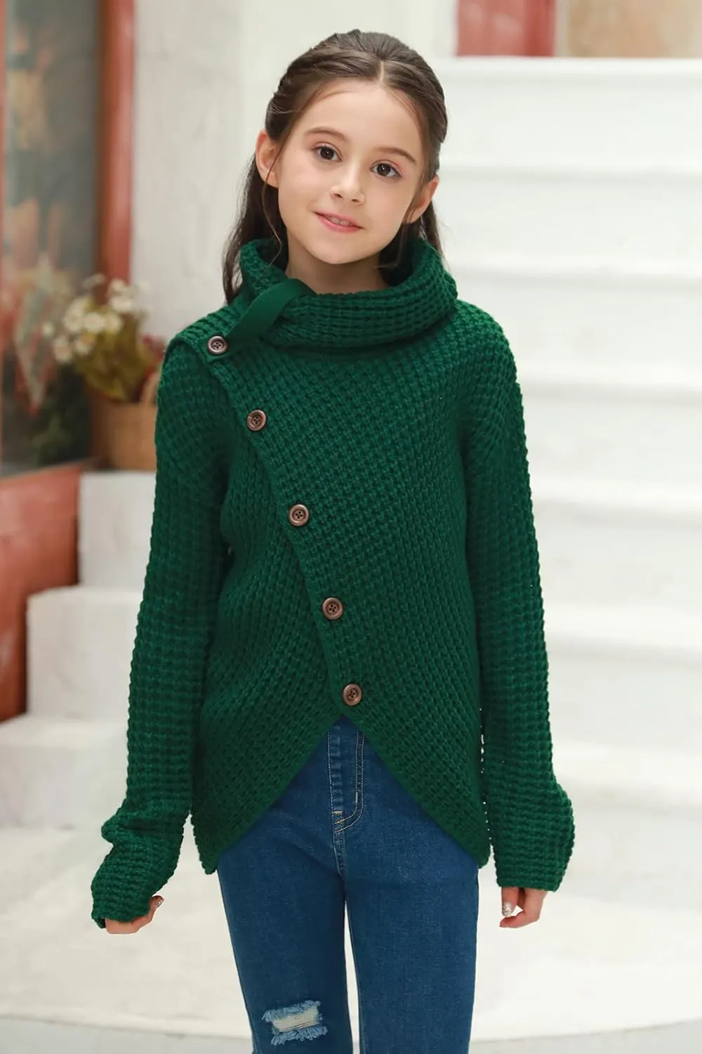 Haloumoning Girls Sweaters Button Turtle Cowl Neck Asymmetric Hem Wrap Pullover Sweaters for Girls