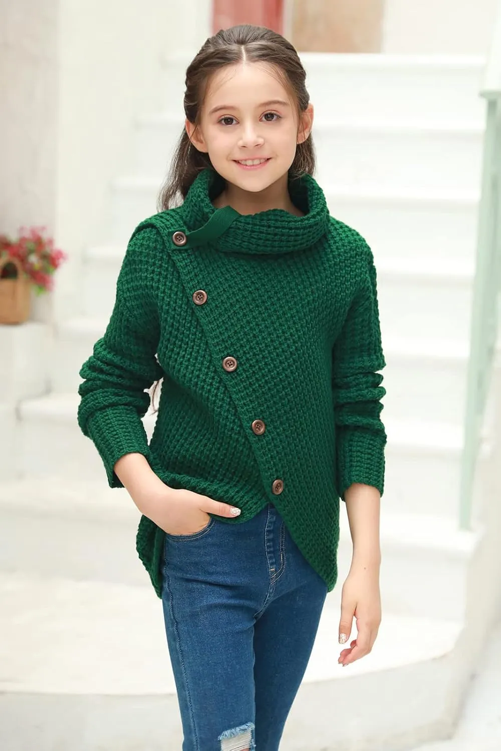 Haloumoning Girls Sweaters Button Turtle Cowl Neck Asymmetric Hem Wrap Pullover Sweaters for Girls