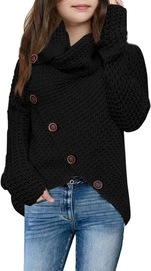 Haloumoning Girls Sweaters Button Turtle Cowl Neck Asymmetric Hem Wrap Pullover Sweaters for Girls
