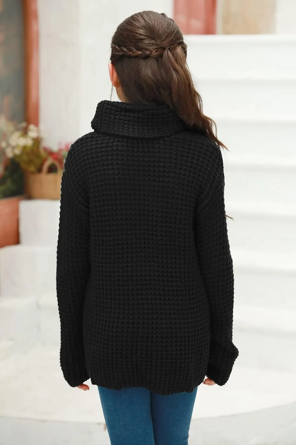 Haloumoning Girls Sweaters Button Turtle Cowl Neck Asymmetric Hem Wrap Pullover Sweaters for Girls