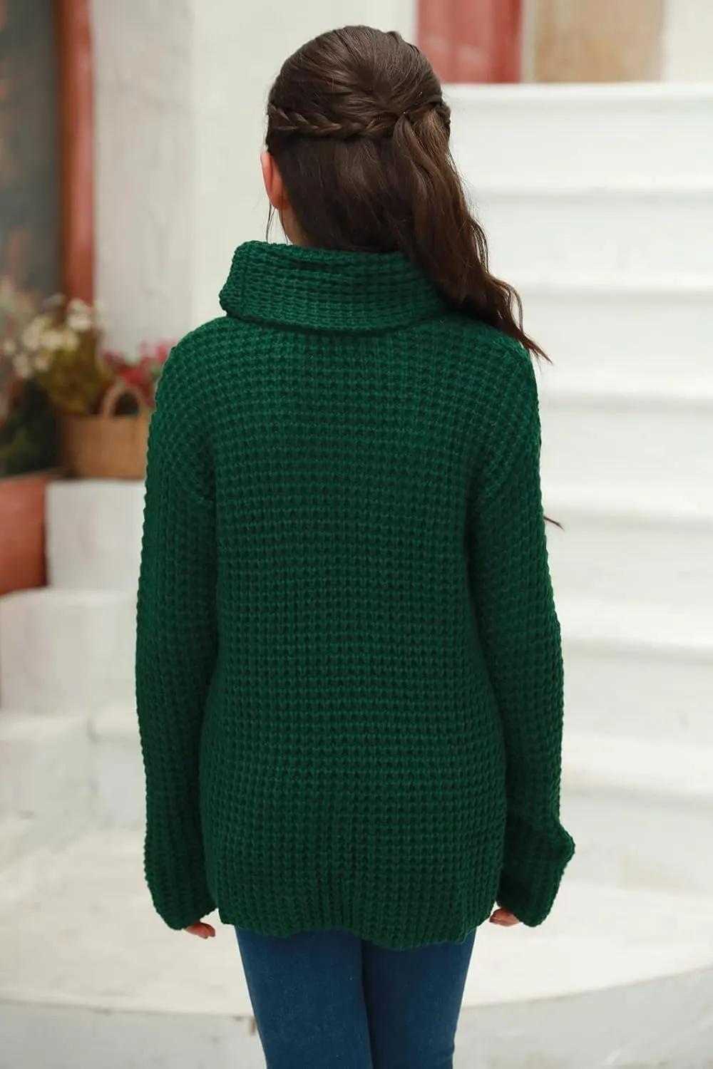 Haloumoning Girls Sweaters Button Turtle Cowl Neck Asymmetric Hem Wrap Pullover Sweaters for Girls