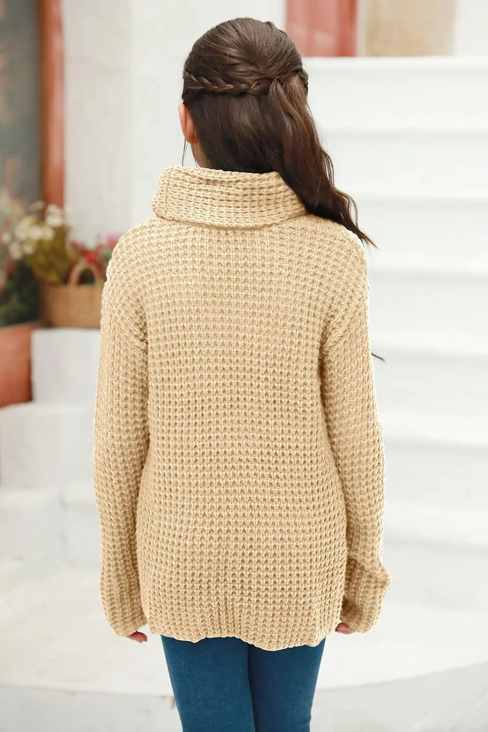 Haloumoning Girls Sweaters Button Turtle Cowl Neck Asymmetric Hem Wrap Pullover Sweaters for Girls