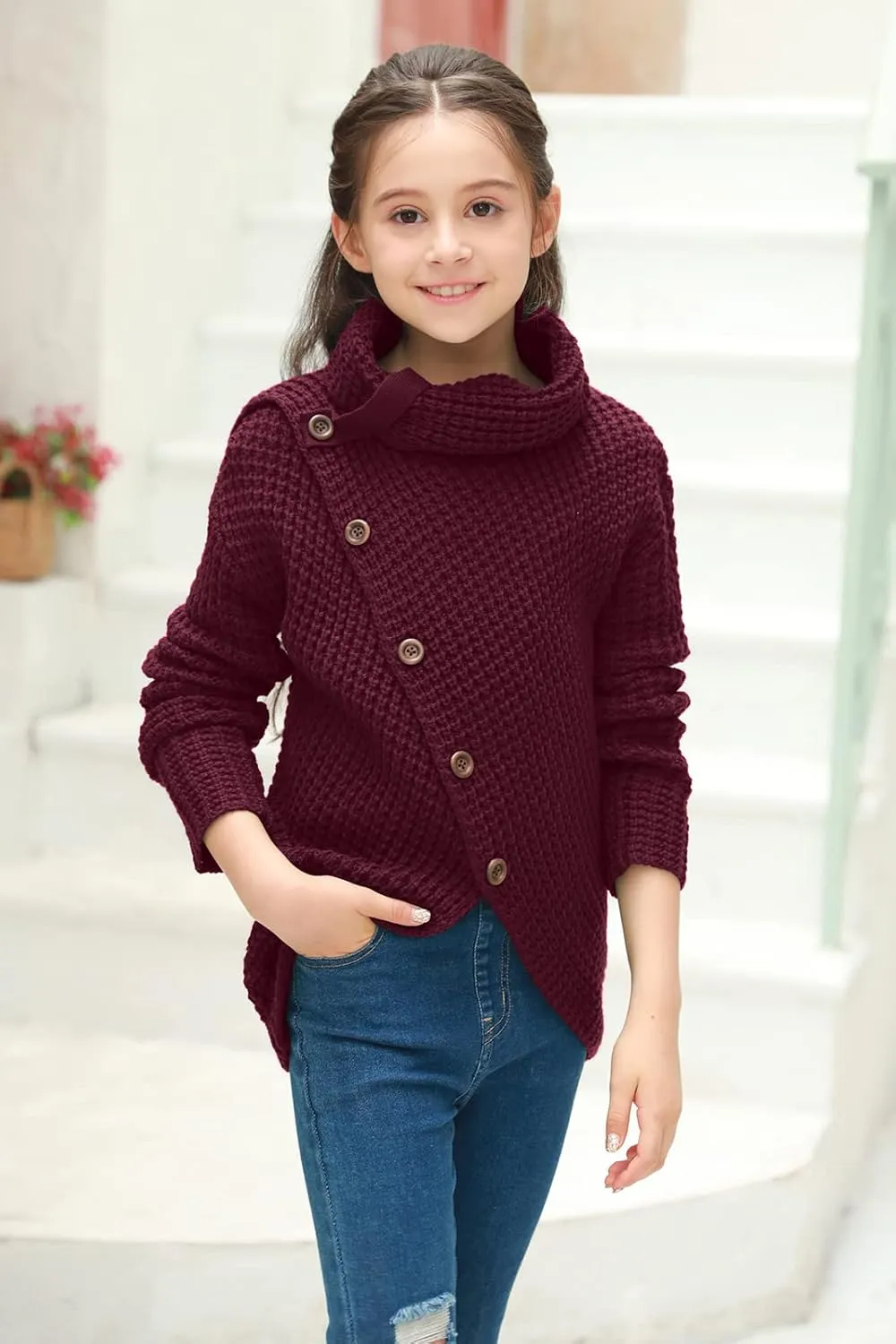 Haloumoning Girls Sweaters Button Turtle Cowl Neck Asymmetric Hem Wrap Pullover Sweaters for Girls