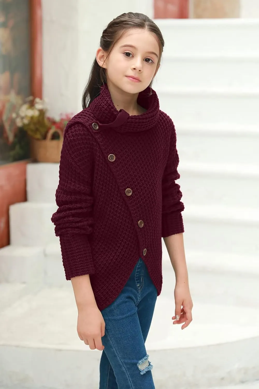 Haloumoning Girls Sweaters Button Turtle Cowl Neck Asymmetric Hem Wrap Pullover Sweaters for Girls