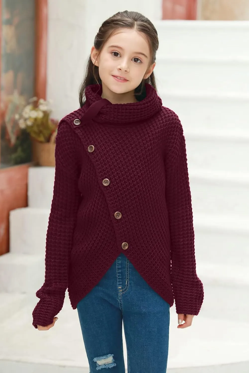 Haloumoning Girls Sweaters Button Turtle Cowl Neck Asymmetric Hem Wrap Pullover Sweaters for Girls